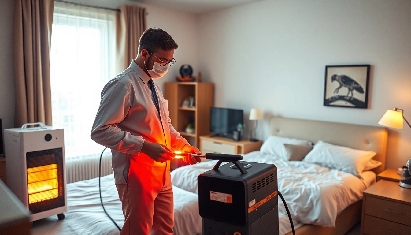 Implementing bed bug heat treatment in a professionally managed bedroom environment.