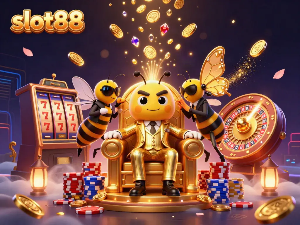 Engage in thrilling slot88 adventures with a cartoon bumblebee mob boss in a dynamic casino scene.
