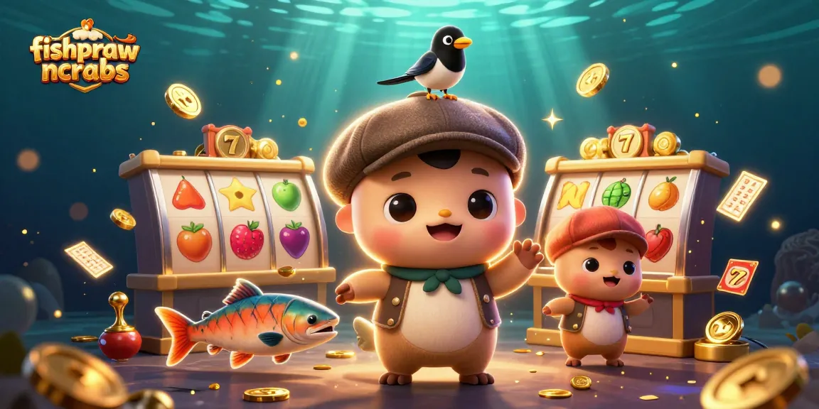 Fishprawncrabs slot game scene featuring Nessie, a magpie, and salmon with lively casino elements.