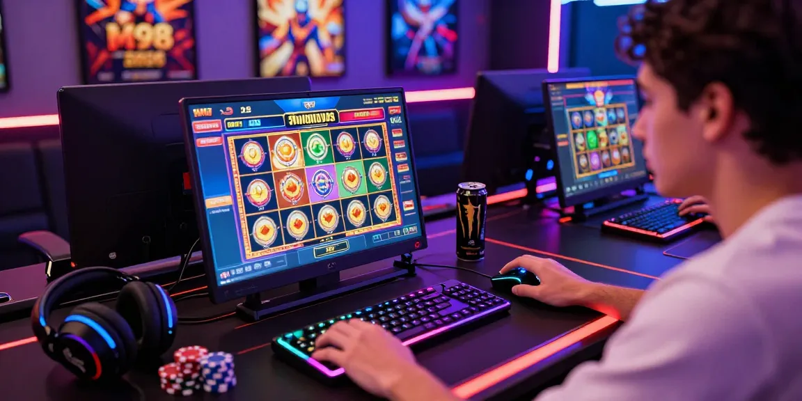M98 ล๊อตเว็บตรง 2026 gaming experience with vibrant graphics, player engaging on laptop in modern setup.