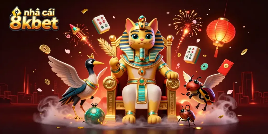 The pharaoh cat lounges on its throne, representing nhà cái 8kbet's luxury casino experience amidst floating mahjong tiles and golden decorations during an exciting gaming celebration.