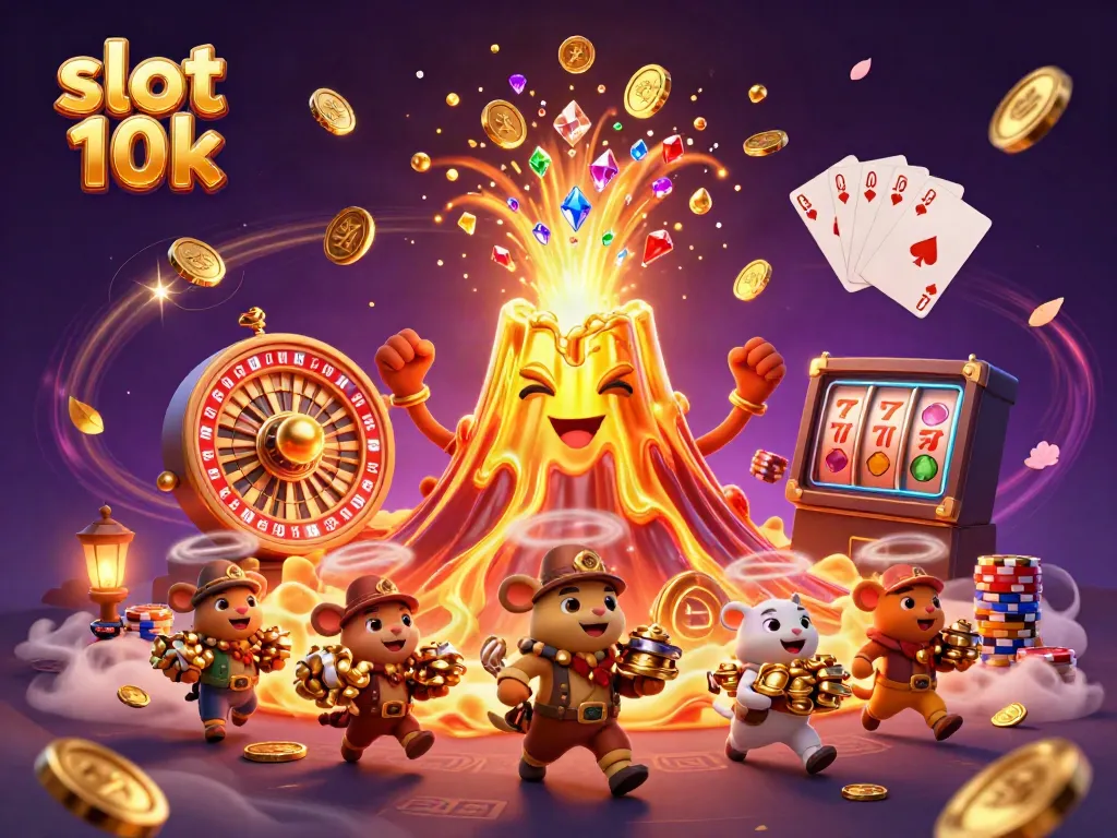 Experience slot 10k with a golden volcano erupting treasures and vibrant casino elements.