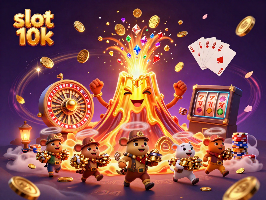 Experience slot 10k with a golden volcano erupting treasures and vibrant casino elements.