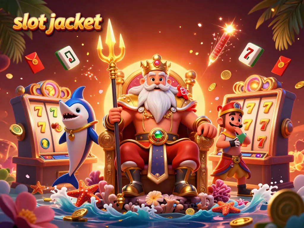 Win big with a slot jackpot in a vibrant casino scene featuring Neptune and samurai
