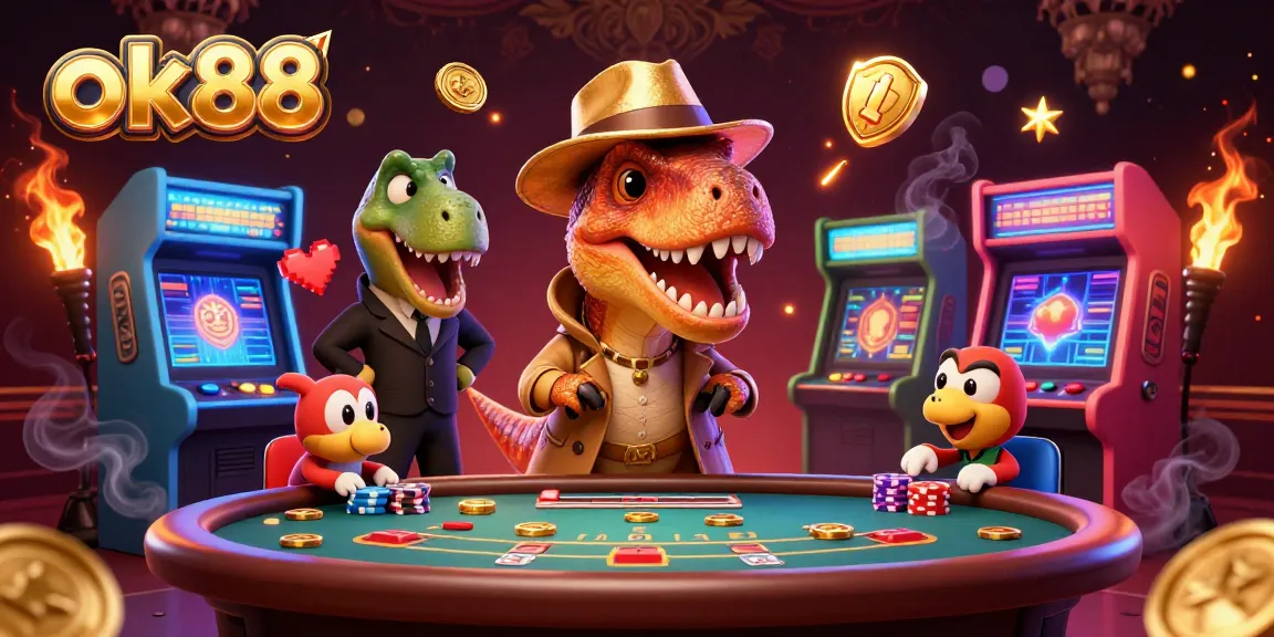 Experience exciting gaming adventures at ok88 with cartoon characters in a vibrant casino scene.