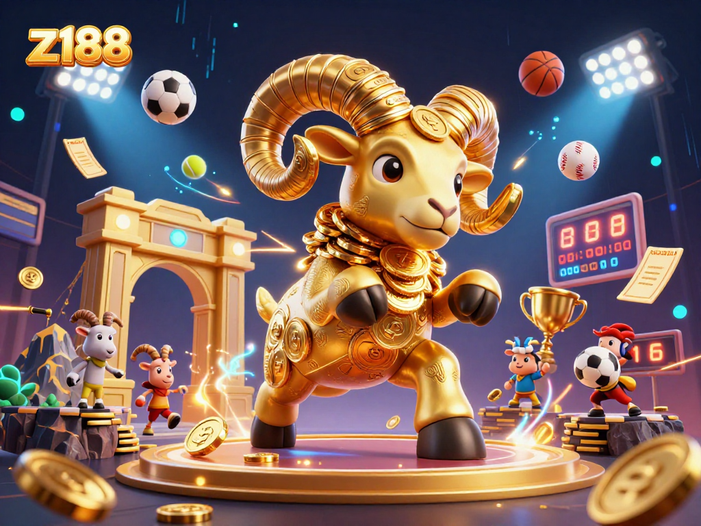 Experience the thrilling z188 betting environment with a golden ram charging through dynamic sports elements.