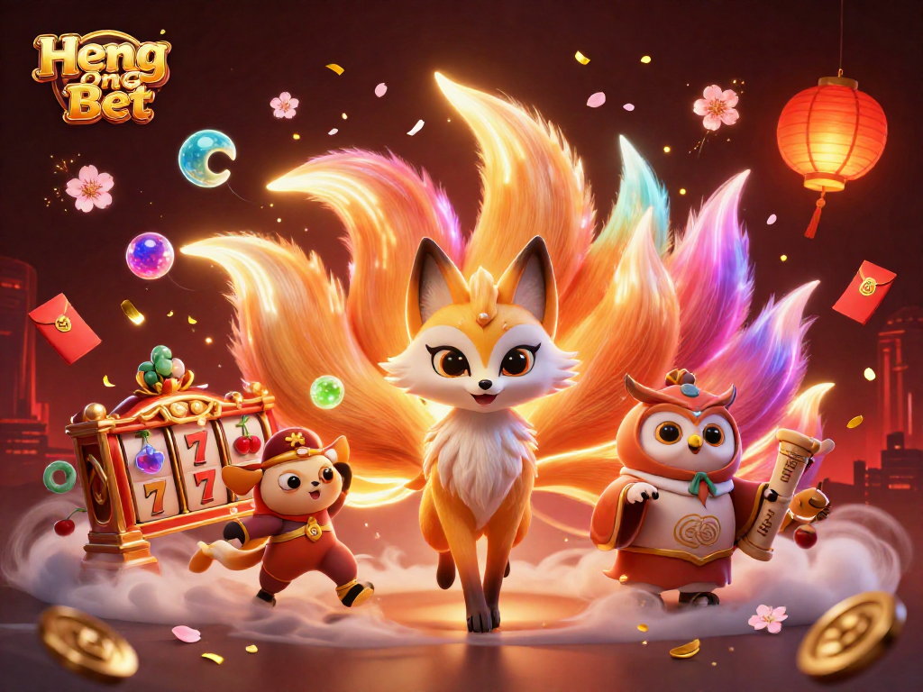 Enhance your gaming experience at Heng Ong Bet with a vibrant scene featuring a fox spirit, owl sage, and slot reels.