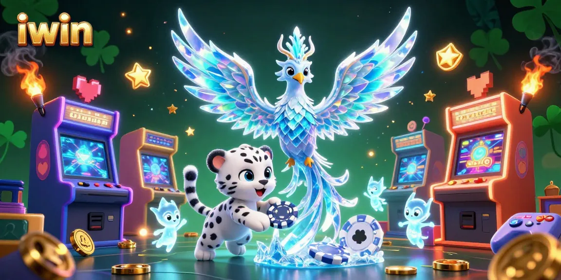 Experience exciting gameplay at iwin with an energetic ice phoenix, poker chip, and vibrant arcade machines.