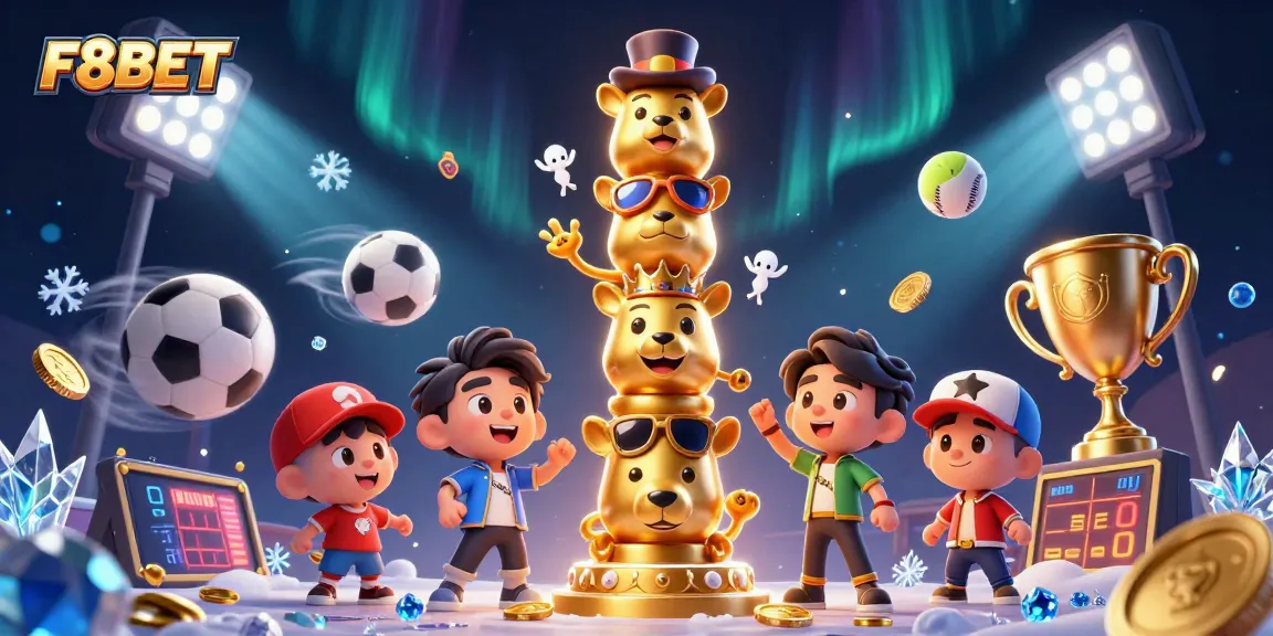 Engage with F8BET's vibrant casino experience featuring dynamic sports betting elements and a 3D totem.