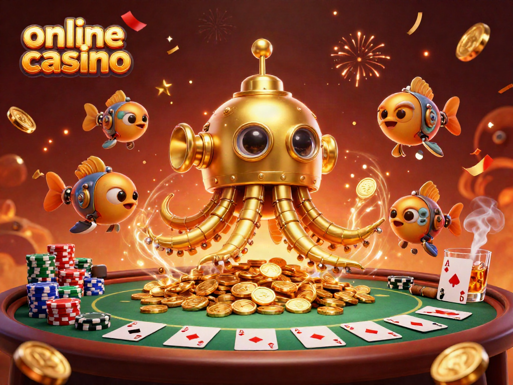 Engage with the online casino experience through a dynamic illustration of a kraken submarine and poker elements.