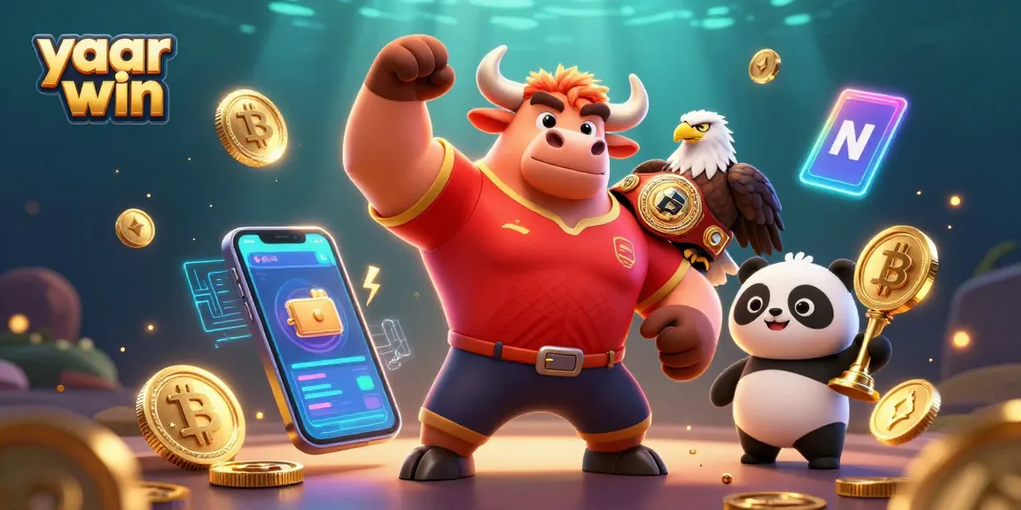 Experience yaar win with a vibrant 3D casino scene featuring unique characters and crypto elements.