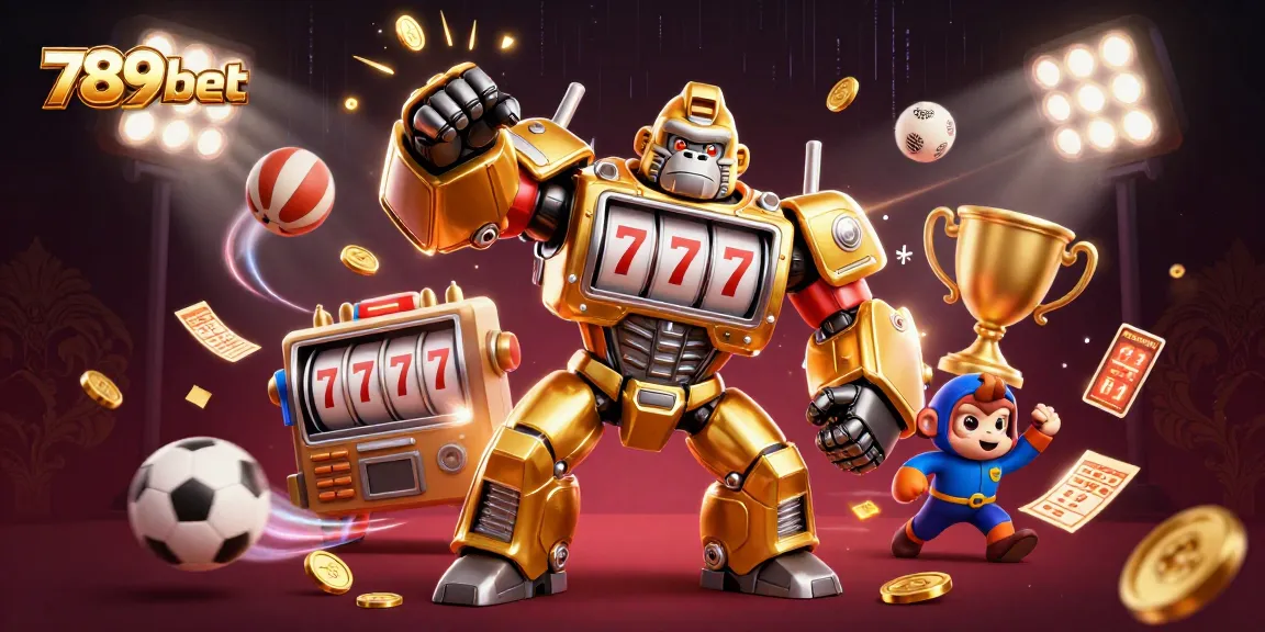 Engage with 789bet at a dynamic gaming scene featuring a golden mech and sports elements.