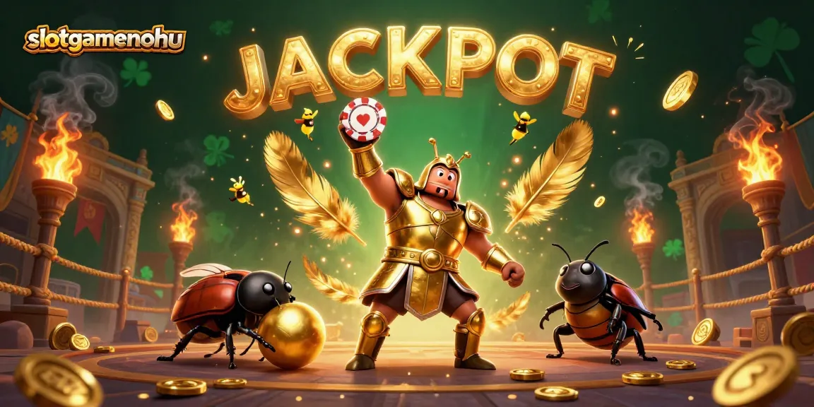Experience slotgamenohu with a victorious beetle in golden armor amidst an exciting casino scene.