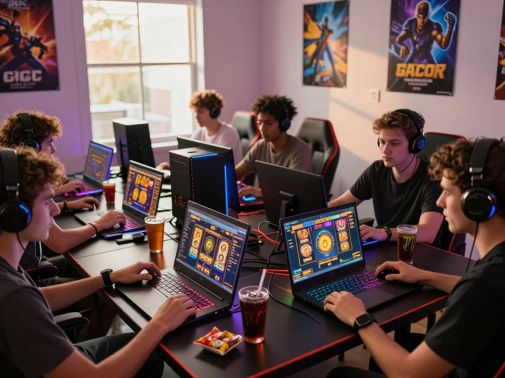 Group enjoying slot gacor games in vibrant gaming setting filled with energy drinks and snacks.