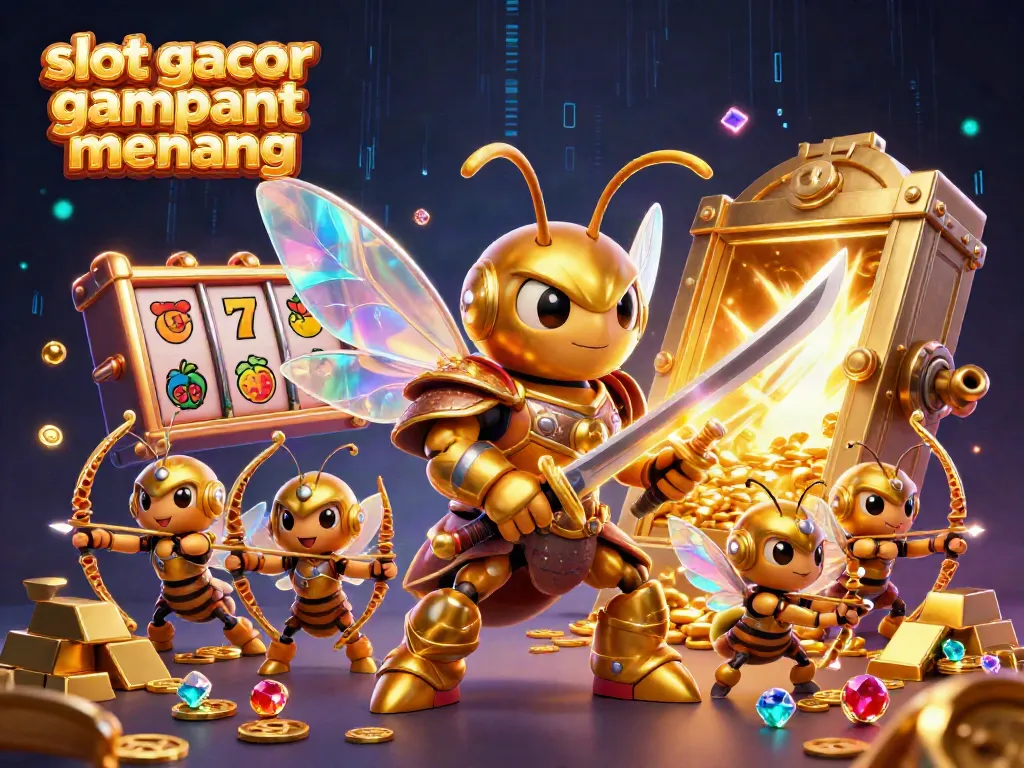 Engage with the vibrant scene of a golden hornet warrior and bee archers celebrating slot gacor gampang menang in a treasure-filled casino.