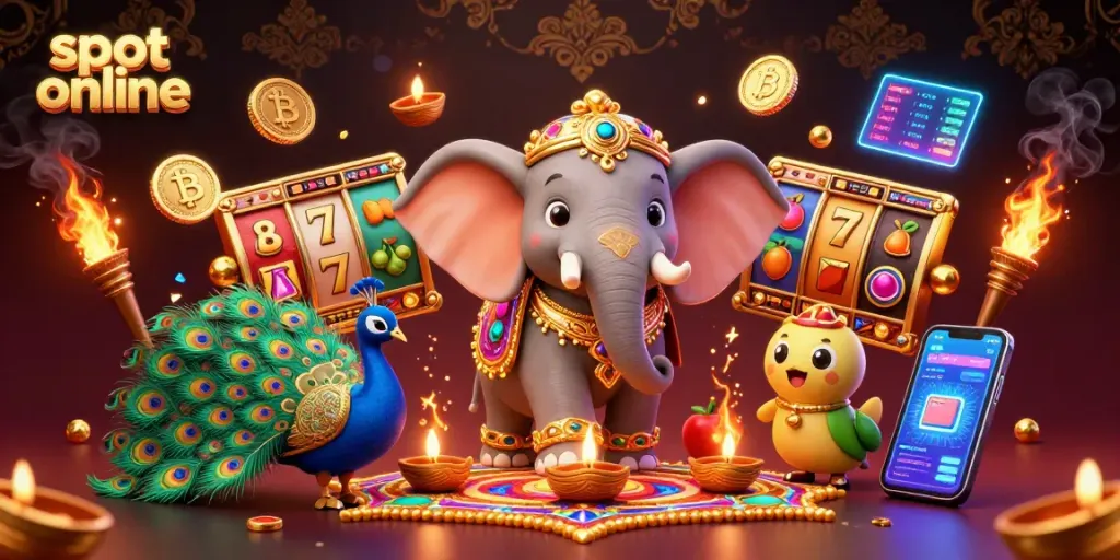 Slot online memperlihatkan gajah dan merak dalam suasana kasino dengan elemen jackpot dan simbol buah.