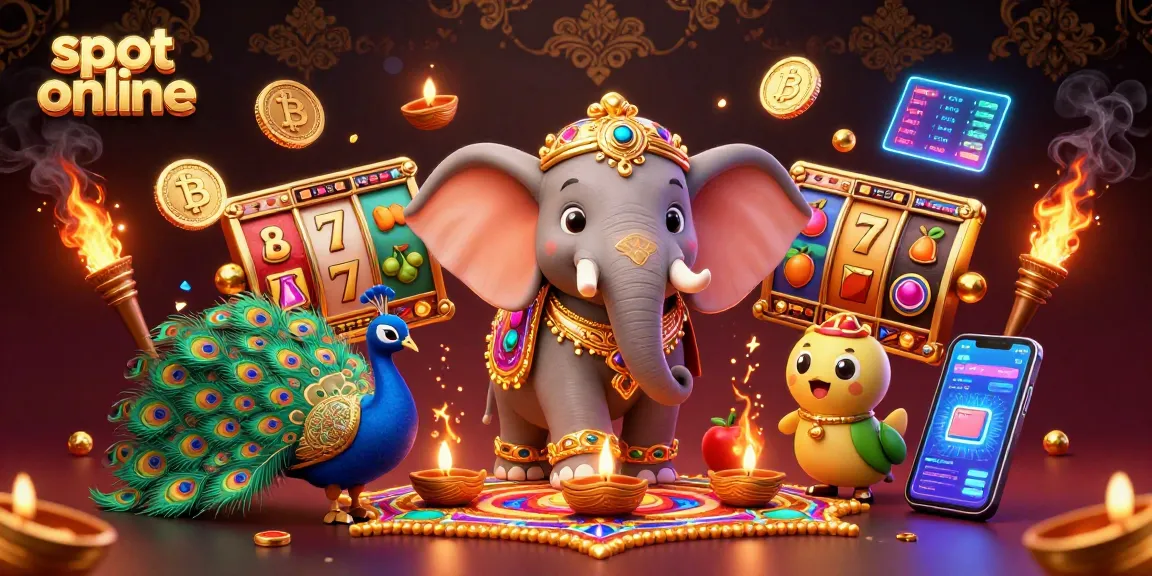 Slot online memperlihatkan gajah dan merak dalam suasana kasino dengan elemen jackpot dan simbol buah.