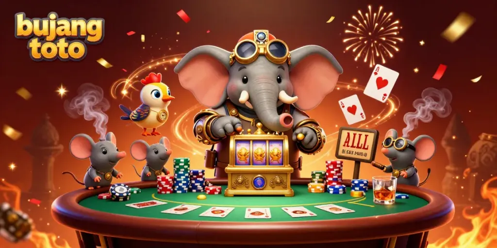 Spin the golden slot machine with the dynamic steampunk elephant and vibrant poker elements at bujang toto.