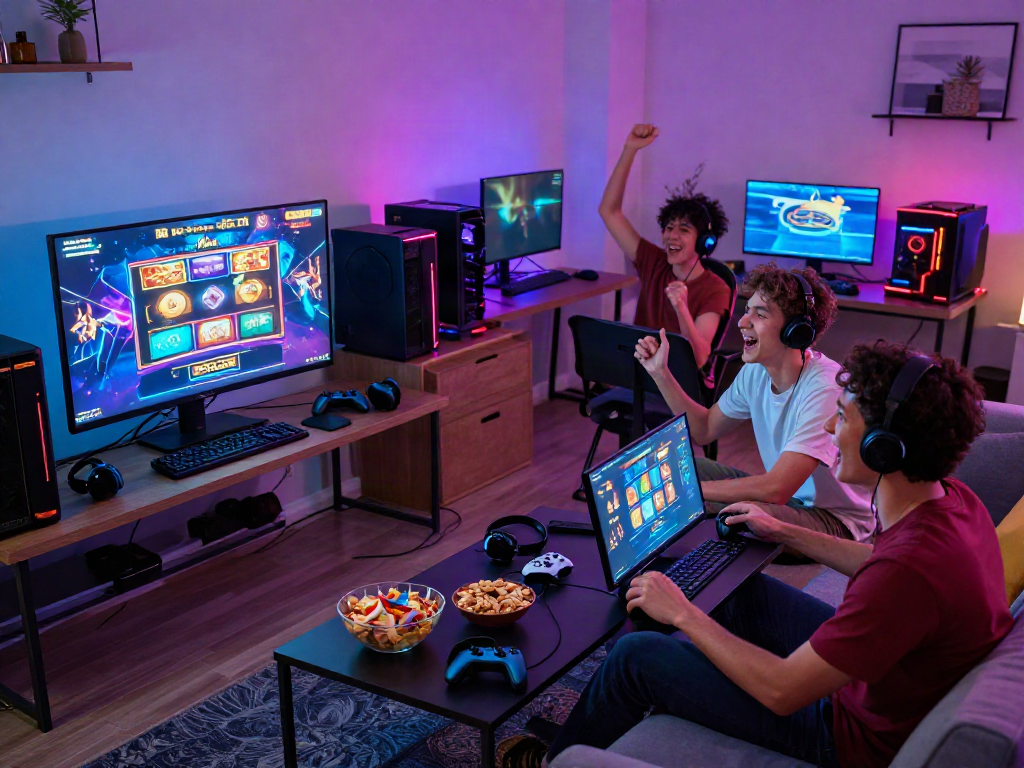 Slot gacor hari ini: Suasana bermain slot online seru di ruang tamu modern.
