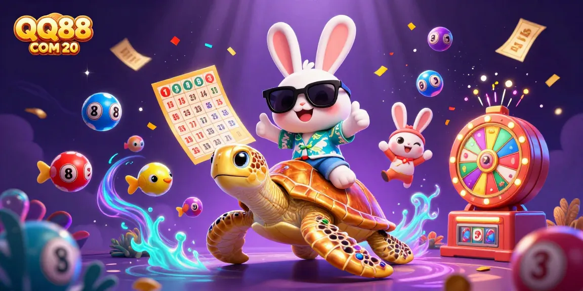 Join the fun at QQ88 COM 20 with colorful lottery balls and a lucky rabbit celebrating online gaming excitement!