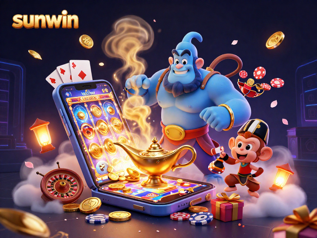 Experience thrilling gameplay at sunwin with a magical genie, coin explosions, and slot machines.