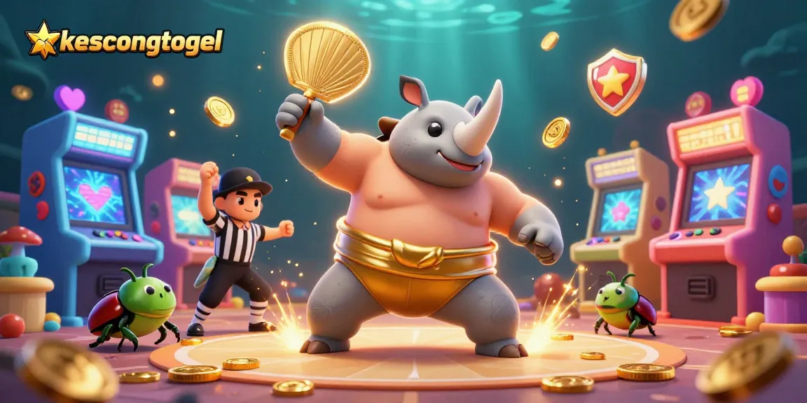 A dynamic scene showcasing aksescongtogel with a rhinoceros beetle sumo champion and colorful arcade elements, perfect for gambling themes.
