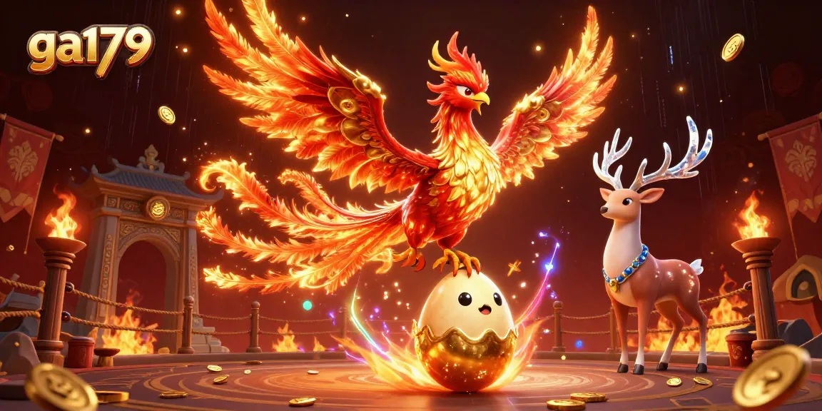 Experience ga179's vibrant casino energy with a phoenix and stag in epic gaming scene.
