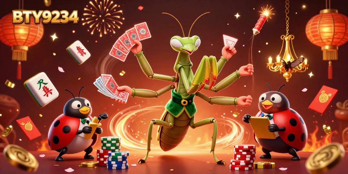 Experience BTY9234's thrilling casino action with a vibrant 3D scene of card dealing and festive elements.