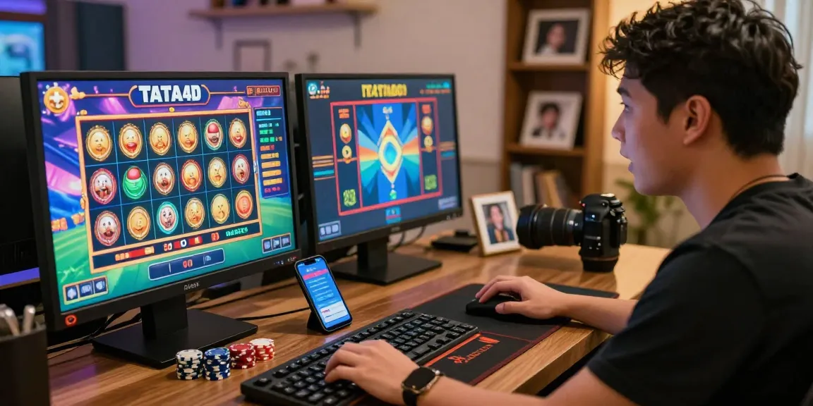 TATA4D slot gacor: Pemain asyik menikmati permainan slot dengan grafis cerah dan aksesori permainan menarik.