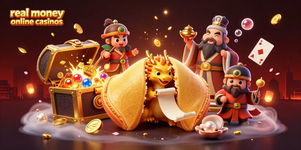 Join the fun at real money online casinos with a vibrant illustration featuring a golden fortune cookie and magical characters.
