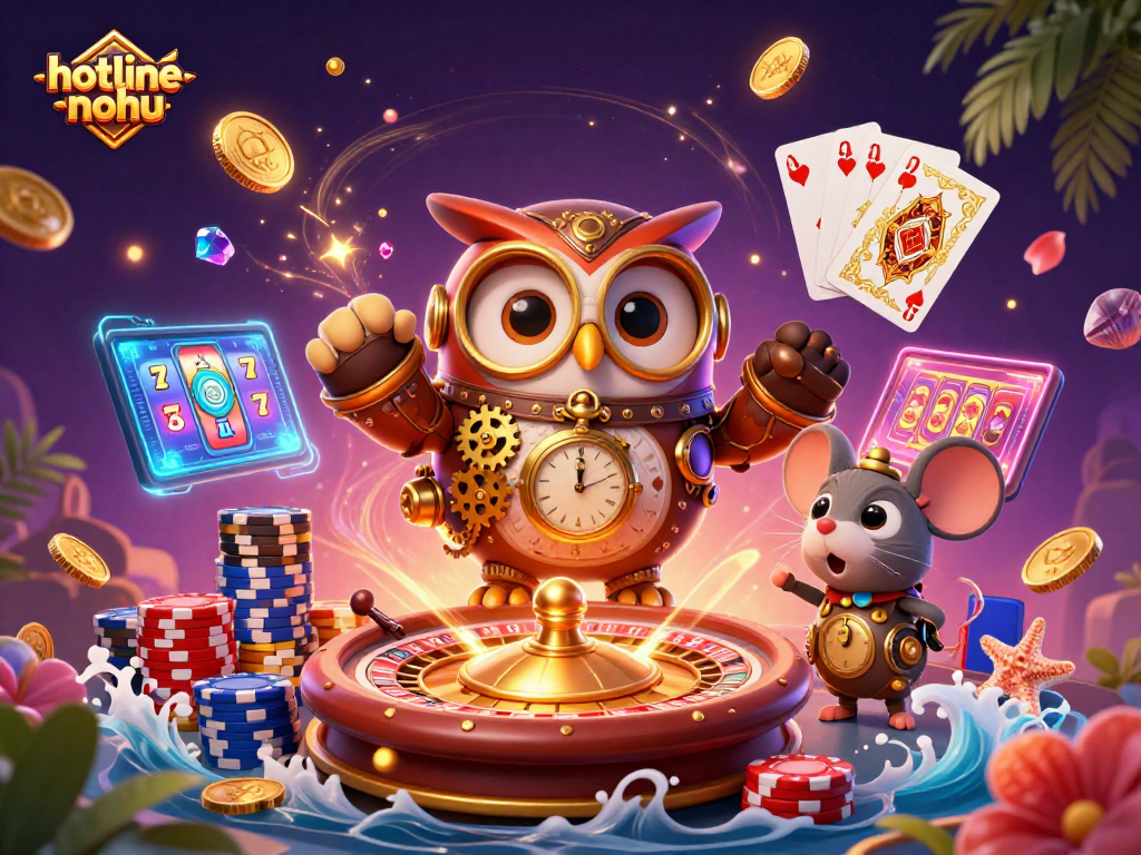 Experience the excitement of hotline-nohu as the time-traveling owl navigates a vibrant steampunk casino landscape.