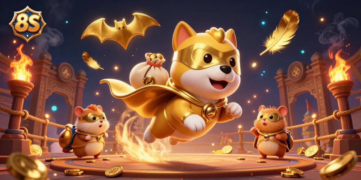 8S brings action to life as a superhero dog soars through a vibrant casino scene, surrounded by gold.