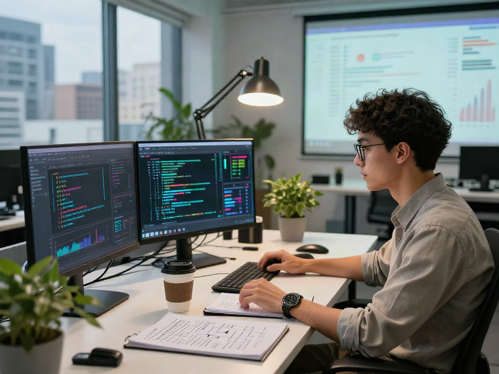 AI Detector analysis in a vibrant tech workspace with multiple screens.