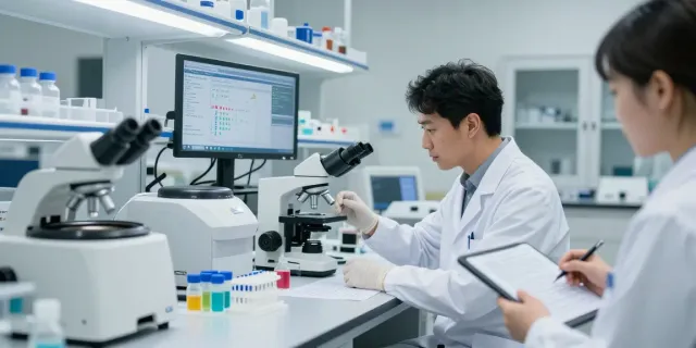 Researcher analyzing BPC peptide samples in a modern laboratory