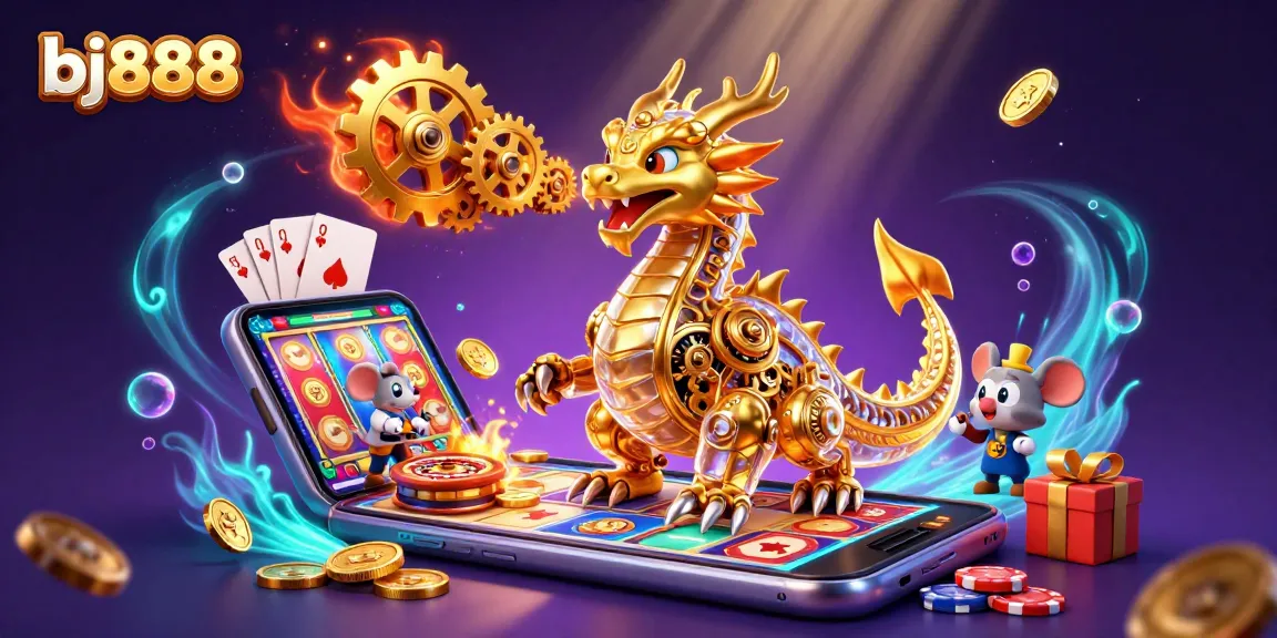 Experience thrilling gaming moments with bj888's vibrant casino scene featuring a golden dragon and exciting game elements.