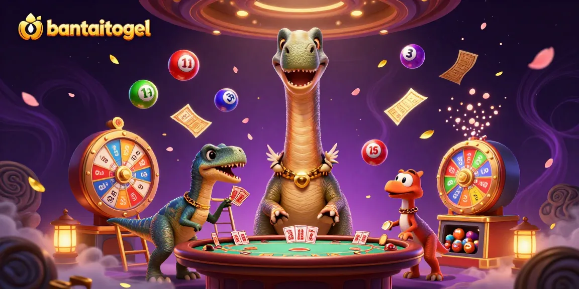 Melihat bantaitogel dalam suasana kasino yang ceria, dengan karakter kartun dinosaurus dan elemen permainan yang berwarna.