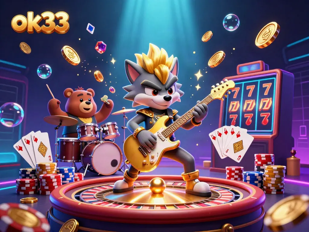 Experience the excitement of ok33 with a rock star wolf and drummer bear on a vibrant casino stage filled with gold coins and poker chips.