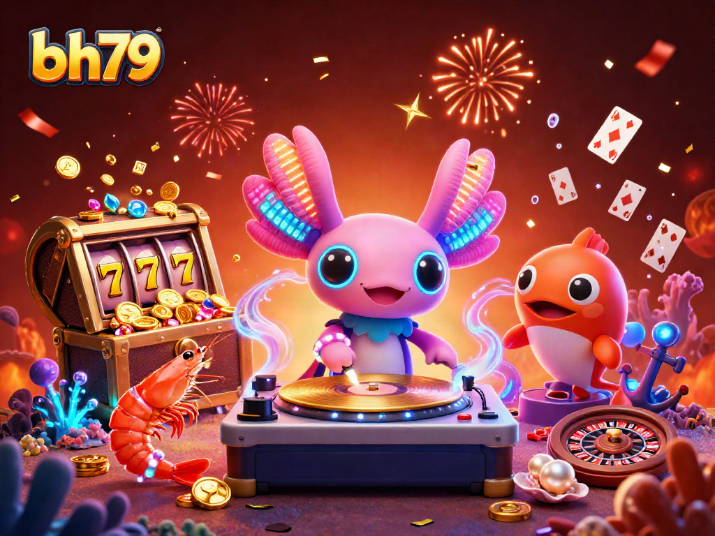Bettors spin the wins at bh79 casino with vibrant scene featuring neon axolotl DJ and treasure.