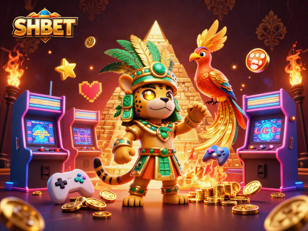 Experience exhilarating wins with the SHBET casino scene featuring a Mayan priest, golden elements, and arcade themes.
