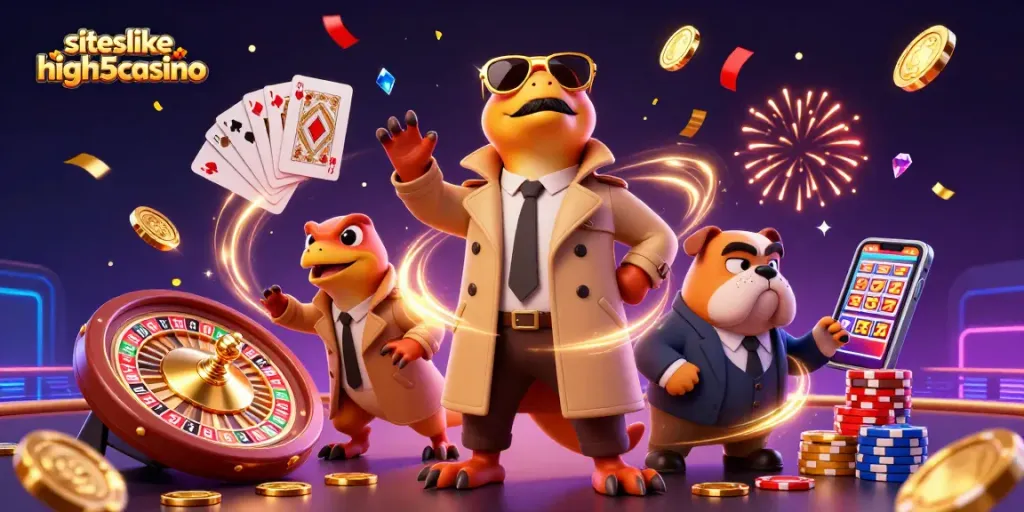 Play exciting games at siteslikehigh5casino with raptors entering a luxurious casino.