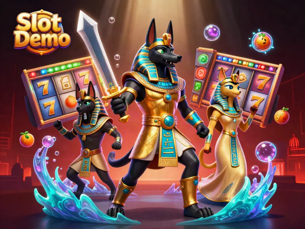 Spin the Slot Demo reels in a vibrant 3D scene featuring Anubis and Bastet.