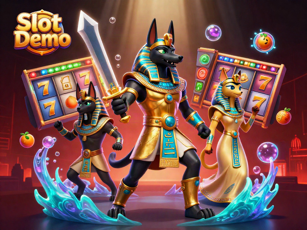 Spin the Slot Demo reels in a vibrant 3D scene featuring Anubis and Bastet.