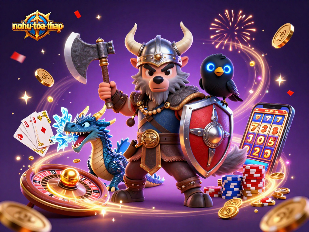 Nohutoa-thap showcases Viking warrior and dragon in a lively casino scene with gold coins and slots.