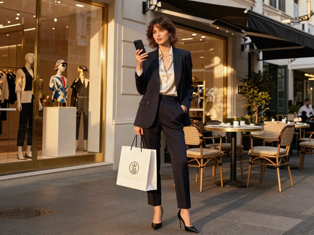 Gaya hidup mewah dengan luxury111, model berpakaian elegan berbelanja di lingkungan urban.