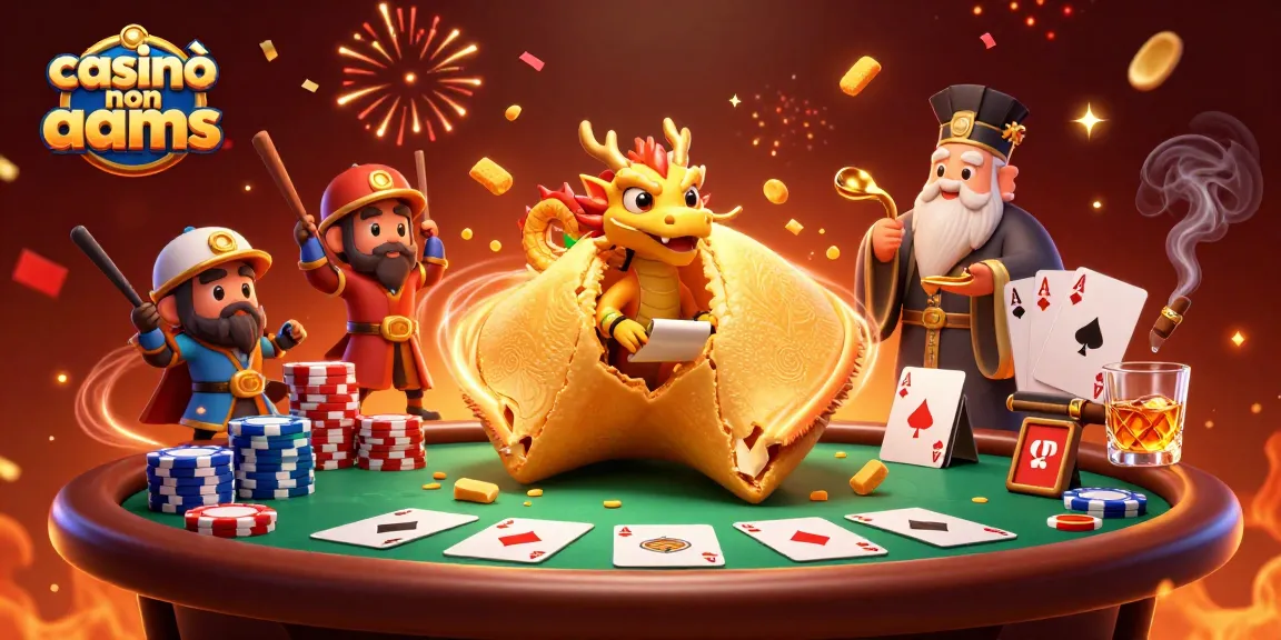 Immagine vivace e dettagliata di casinò non AAMS con un drago saggio e un biscotto della fortuna guardiani di un tavolo da gioco.