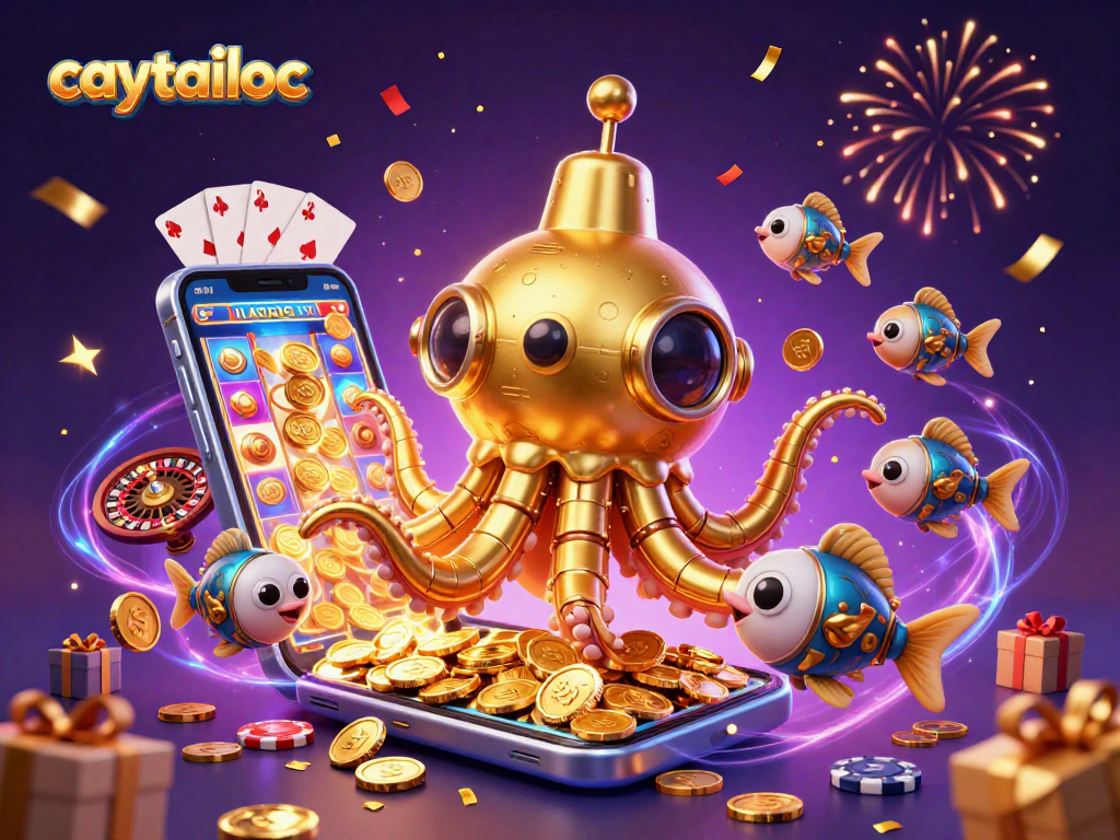 Caytailoc showcases a vibrant 3D casino illustration with a kraken and slot game elements, immersing players in thrilling entertainment.