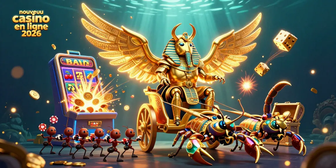 Illustration vibrante d'un nouveau casino en ligne 2026 avec un scarabée doré et des scorpions décoratifs.