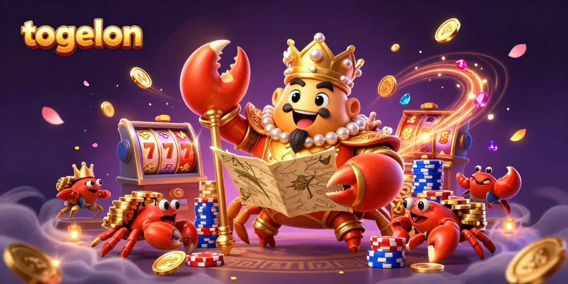 Experience exciting gameplay with togelon as the golden crab emperor navigates a treasure-filled scene with dynamic slot machines and vibrant casino elements.