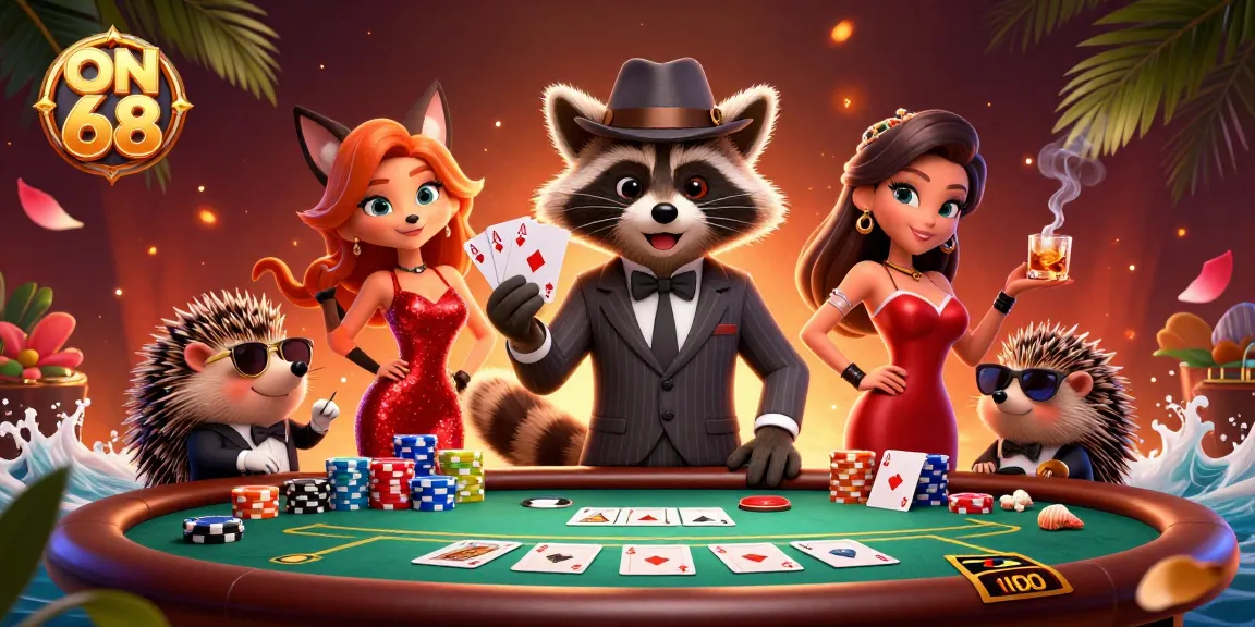 Engage with ON 68's vibrant poker scene featuring a suave raccoon and his companions.
