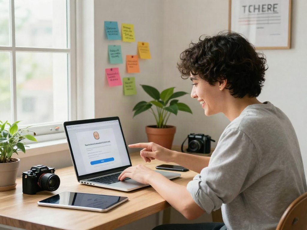 Engaged user taking an attractiveness test on a laptop in a vibrant home office.